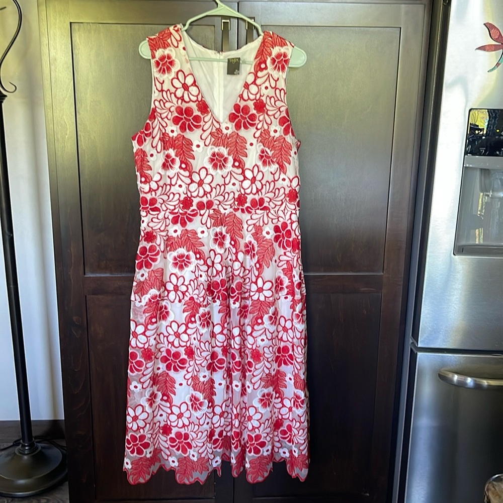 Beautiful red and white flowered dress. Fully lined. Size 16. EUC, worn once.